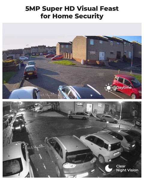 5MP Outdoor PoE Cam Dome Turret with 97 Degree View showcasing daytime and night vision street view