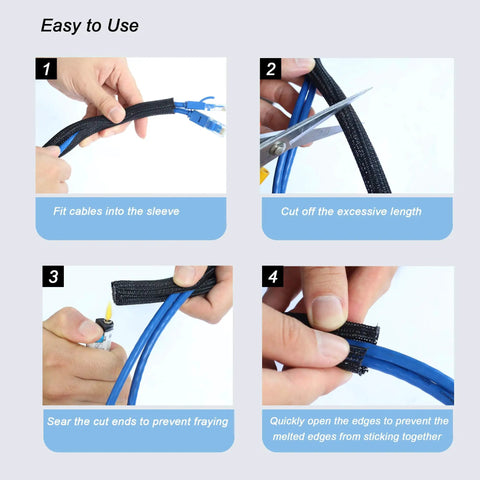 Step-by-step instructions on using 25 Foot One Half Inch Braided Cable Management Sleeve Self Wrapping Split Wire Loom Black.
