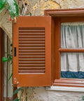 Open wooden shutter on a rustic window with plants climbing the wall
