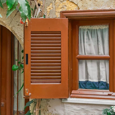 Open wooden shutter on a rustic window with plants climbing the wall