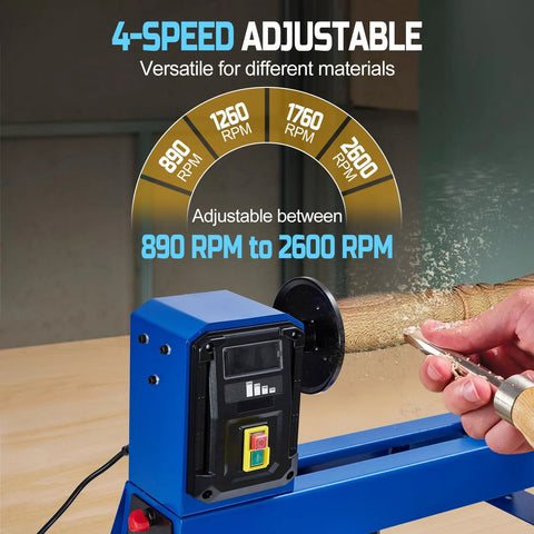 Front view of blue benchtop wood lathe with four-speed control and safety switch