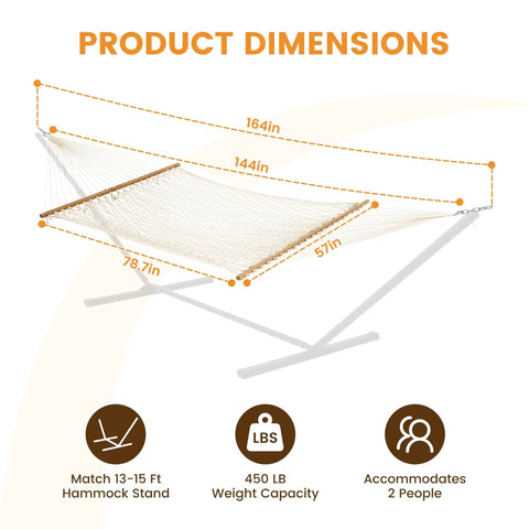 Diagram illustrating dimensions of Two Person 12 Ft Double Rope Hammock With Spreader Bar Hand Woven Cotton Outdoor Patio Hammock