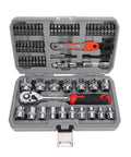 64 Piece Three Eighths Inch Ratchet Socket Set Beefy Build Heavy Duty Durable Steel With 72 Tooth Ratchet in toolbox