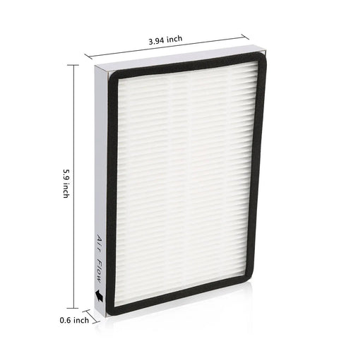 Six Pack 86889 Replacement Exhaust HEPA Filter Set viewed from side, showing dimensions for EF1 Vacs and Panasonic Uprights