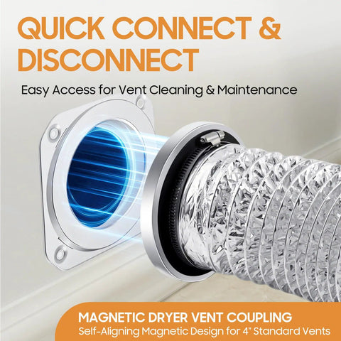 Magnetic Dryer Vent Connector Kit With Airtight Seal No Hassle Tool Free Quick Install Includes Three Point Three Ft Duct And Two Clamps Easy Magnetic Dryer Vent Hose Coupling For Leak Free Air Flow shown in use