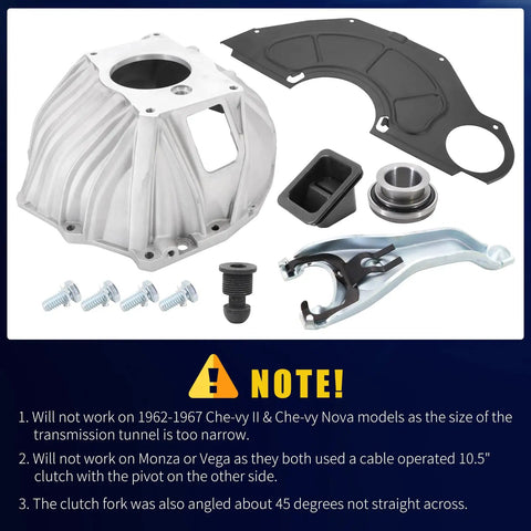 Beefed Up Bell Housing Kit With 11 Inch Clutch Fork Throwout Bearing And Cover For Chevy Camaro Chevelle Malibu Monte Carlo Corvette Caprice Bel Air Biscayne 1959 To 1988 Fits SBC BBC cast aluminum kit