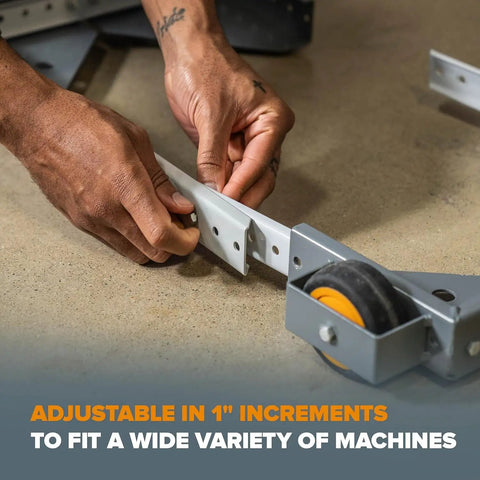 Person adjusting Heavy Duty Universal Mobile Tool Base With 3 Inch Non Marking Wheels, 650 Lb Capacity on floor