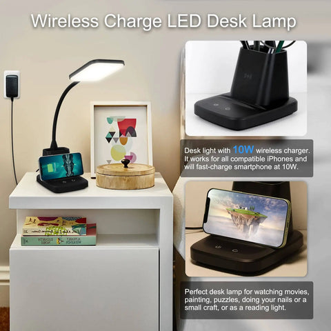 Lit Desk Lamp With Built In Wireless Charger And Pen Holder, Dimmable LED Desk Light For Home Office Or Dorm in use on a desk