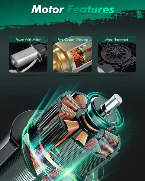 Motor features with power, pure copper winding, and motor backward design, showcased in three separate images.