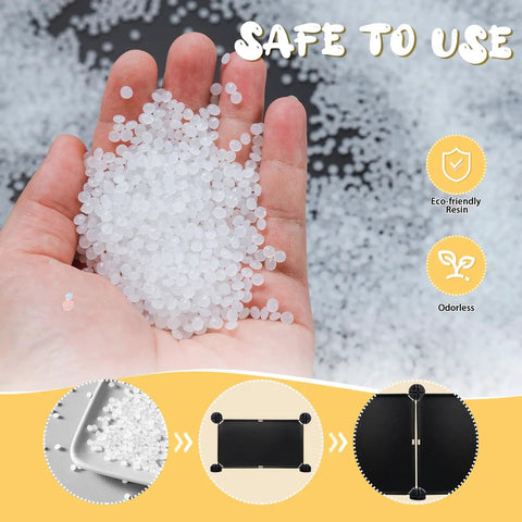 21 Piece Under Bed Blocker For Pets And Toys Total Storage Space Saver Flexible Pet Guard Barrier showing eco-friendly resin pellets in hand.