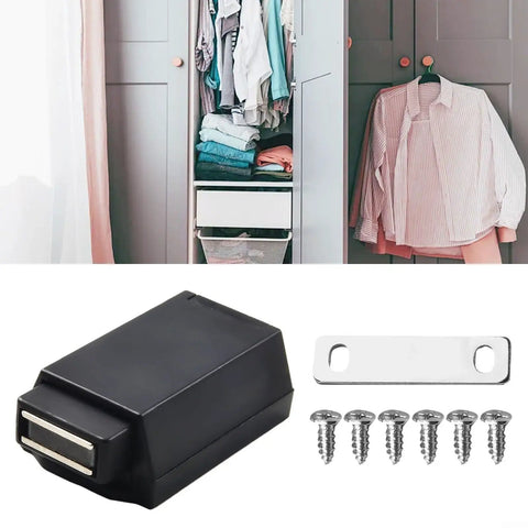Push To Open Magnetic Cabinet Latch With Metal Base for cupboard, drawer, wardrobe in black with screws and metal plate