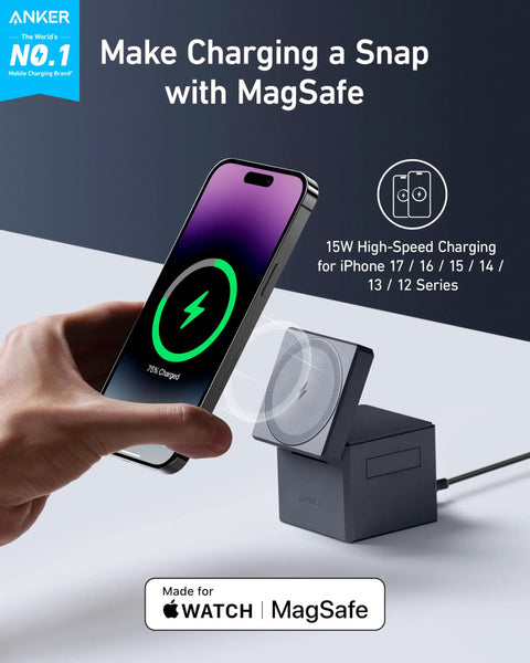 3 In 1 MagSafe Wireless Charger Stand For iPhone 17 16 15, Apple Watch Series 1 To 8 Ultra, AirPods, foldable 15W charger station on desk