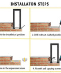 Installation steps for Heavy Duty Side Mount Stair Rail with Rock Solid Grip, showing marking, drilling, and fixing process.