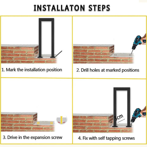 Installation steps for Heavy Duty Side Mount Stair Rail with Rock Solid Grip, showing marking, drilling, and fixing process.