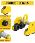 Beefy Heavy Duty Beam Trolley Hoist For 3 Ton Load Capacity Up To 6600 Lbs With Dual Track Rollers And Adjustable 2.5 To 5 Inch Flange For I Beam Steel Lifting And Precise Manual Or Electric Positioning, yellow steel trolley with dual rollers