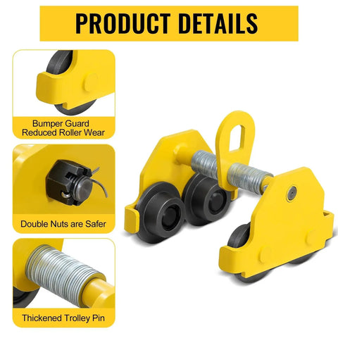Beefy Heavy Duty Beam Trolley Hoist For 3 Ton Load Capacity Up To 6600 Lbs With Dual Track Rollers And Adjustable 2.5 To 5 Inch Flange For I Beam Steel Lifting And Precise Manual Or Electric Positioning, yellow steel trolley with dual rollers