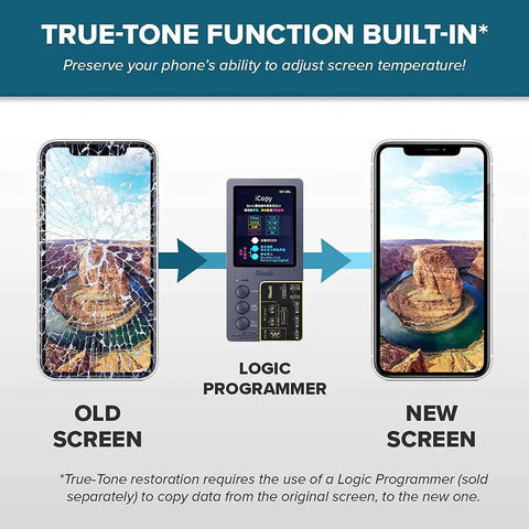 iPhone 12 Pro Max 6.7 Inch Screen Replacement Kit With Tools Plug And Play DIY Friendly For Easy Install Clear Display And Smooth Touch Restores True Tone And Face ID Compatible With A2342 A2410 A2412 A2411 featuring a logic programmer and side-by-side comparison of old and new screens.