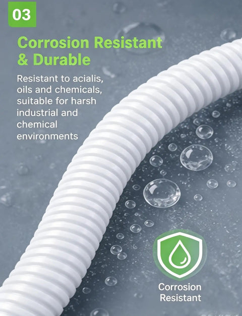 Grab This Boss Grade Heavy Duty PA66 Nylon Corrugated Conduit With Flame Retardant Finish For Tight Cable Routing and Rock Solid Protection On Every Project From Garage To Job Site, shown with moisture and corrosion details.