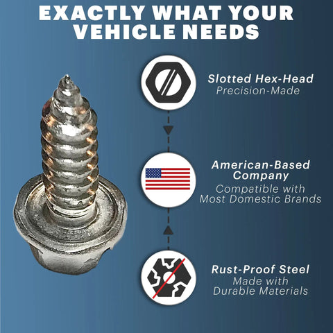 Close-up of Heavy Duty Stainless Steel License Plate Screw with Slotted Hex-Head for durability and rustproof features.