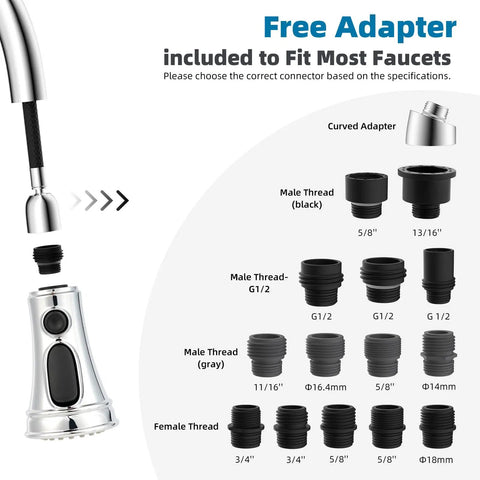 Kitchen Faucet Head Replacement With 3 Function Pull Down Sprayer, Stream, Spray And High Pressure Rinse Modes, 15 Adapters