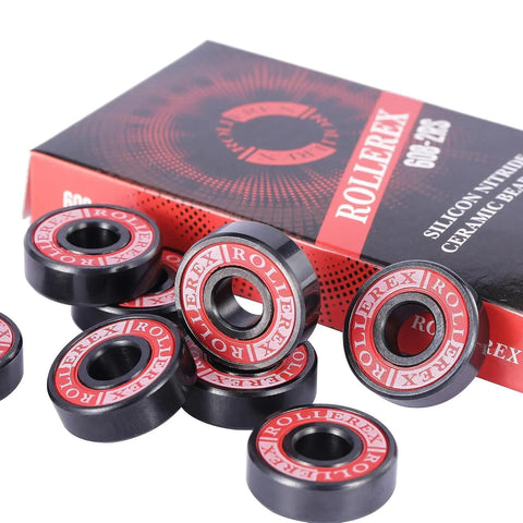 Silicon Nitride 608-2RS Ceramic Bearings pre lubricated for skates and scooters, displayed with packaging, ABEC 7 high-speed roller bearings.