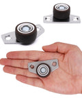 8 Piece Low Profile Mini Caster Wheels Set Side Mount Fixed Rollers Tight Slot Furniture Hack showing small wheels in hand.