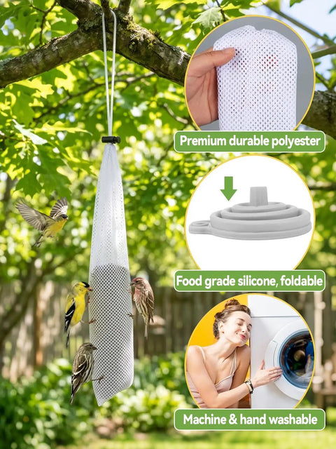 Six Pack Outdoor Sock Feeders For Thistle Seeds with Food Grade Funnels hanging from a tree, with wild finches feeding.
