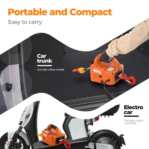 Electric hoist winch, car-trunk view, orange 1500W with red hook, portable lifting tool