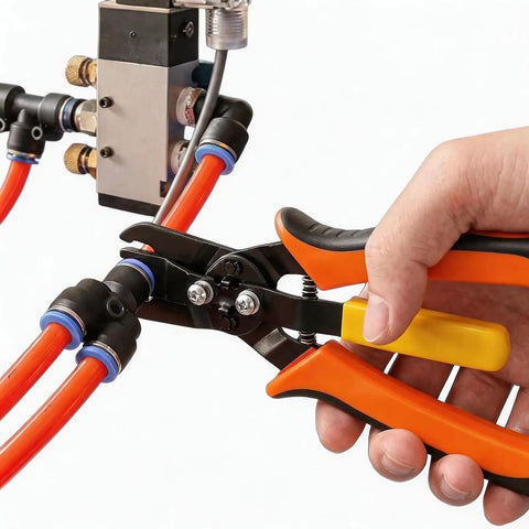 Awesome Set Of Premium Push To Connect Air Line Disconnect Tools With 15 Piece Fitting Kit For Quick Removal And Installation On All Common Pneumatic Sizes Like 1/4 Inch To 1/2 Inch Without Any Hassle. hand tool disconnecting orange pneumatic air line fittings
