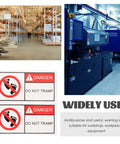 Self Adhesive Warning Sign Stickers PVC Material 2 Pack Multipurpose Eye Catching Reminder For Safety And Equipment In Warehouse Or Factory Easy To Apply Do Not Touch Caution Labels with 'Danger Do Not Tramp' text, shown in workshop and equipment settings.