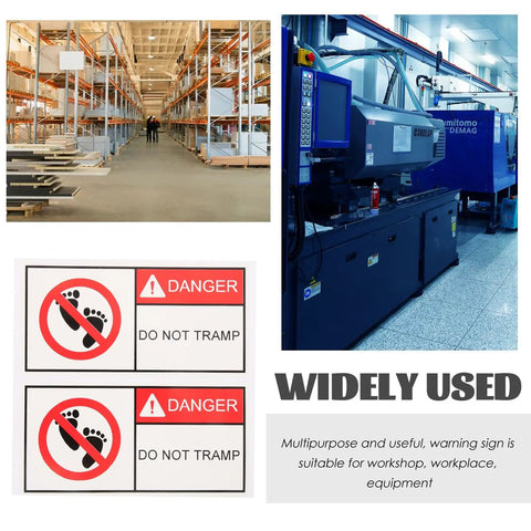 Self Adhesive Warning Sign Stickers PVC Material 2 Pack Multipurpose Eye Catching Reminder For Safety And Equipment In Warehouse Or Factory Easy To Apply Do Not Touch Caution Labels with 'Danger Do Not Tramp' text, shown in workshop and equipment settings.