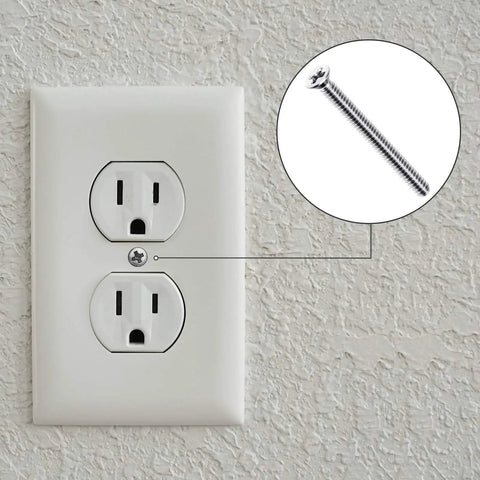 30 Pack Extra Long Electrical Outlet Screws In Mixed Sizes 1.5 Inches mounted on a wall outlet, showcasing a close-up of a stainless steel screw.