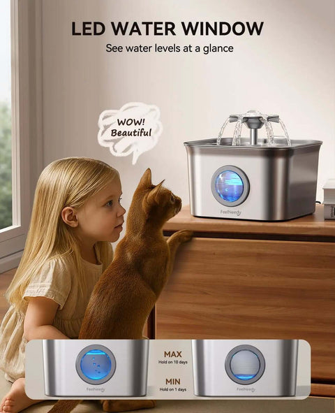 Child and cat looking at Quiet Stainless Steel Cat Water Fountain 2.8L With 20dB Ultra Quiet Pump, LED Water Level Window visible
