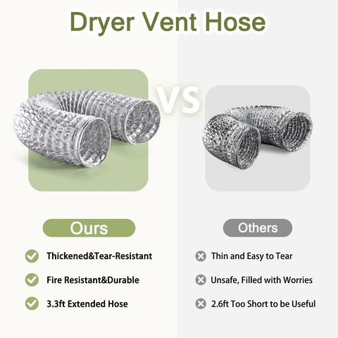 Comparison of thickened, 3.3ft fire-resistant dryer vent hose with magnetic dryer vent coupling kit vs a standard hose.
