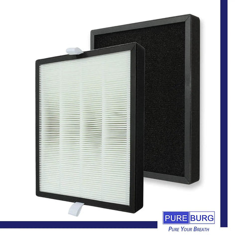 2 Pack Replacement Filter For BS 10 Air Purifier With 3 In 1 H13 True HEPA And Activated Carbon Filtration Removes 99.97 Percent Of PM2.5 Particles Down To 0.3 Microns And Traps Dust And Chemicals, showing front and back views of filters.