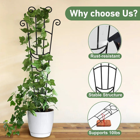 32.6 Inch Expandable Metal Plant Trellis For Indoor And Outdoor Climbing Plants shown in a pot with ivy, highlighting features.