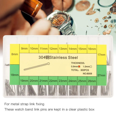 Pro Grade Durable Stainless Steel Watch Band Link Cotter Pins Kit, 300 Pcs Assortment in labeled box, 8mm to 27mm sizes