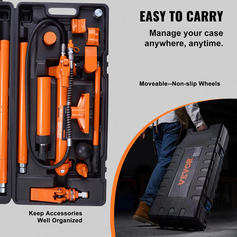 VEVOR 12-Ton Porta Power hydraulic kit with pump and 4.6 ft hose in orange storage case