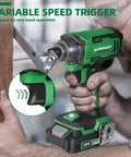 Green cordless impact driver in use, part of Compact 20V Max Cordless Impact Driver Kit With 1060 In-Lbs Torque, 2700 RPM, 3800 IPM.