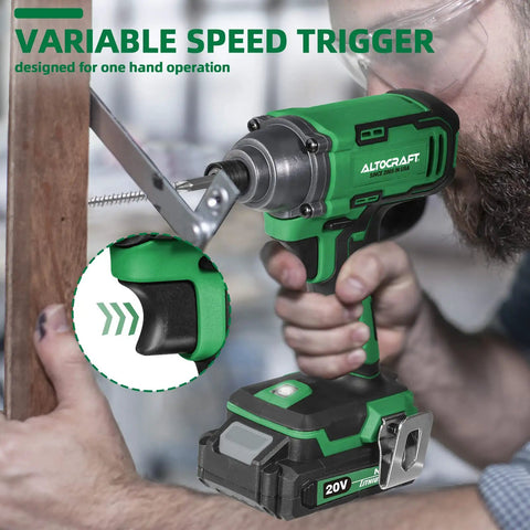 Green cordless impact driver in use, part of Compact 20V Max Cordless Impact Driver Kit With 1060 In-Lbs Torque, 2700 RPM, 3800 IPM.
