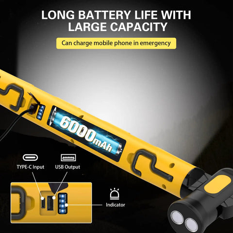 Magnetic LED Work Light Bar With 6000mAh Battery And 3000LM Brightness, showing USB output and large capacity battery.