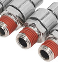 Close-up of Badass 6 Pack Stainless Steel Air Hose Fittings featuring red pre-applied thread sealant for air compressor upgrades.
