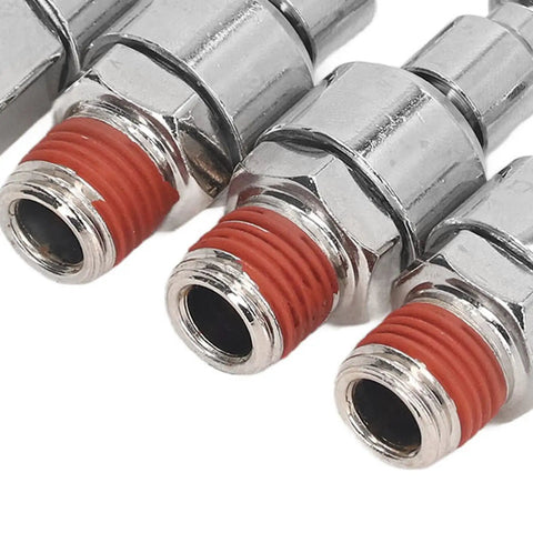 Close-up of Badass 6 Pack Stainless Steel Air Hose Fittings featuring red pre-applied thread sealant for air compressor upgrades.