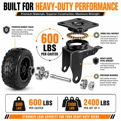 Tough As Nails Heavy Duty Caster Wheels With Dual Locking Brakes, Smooth Rolling Rubber Casters For Workbenches And Dollies, Built Like A Tank Steel Housing, 600 Lbs Load Per Wheel, 4 Pack Red, features heavy gauge steel bracket and precision bearings.