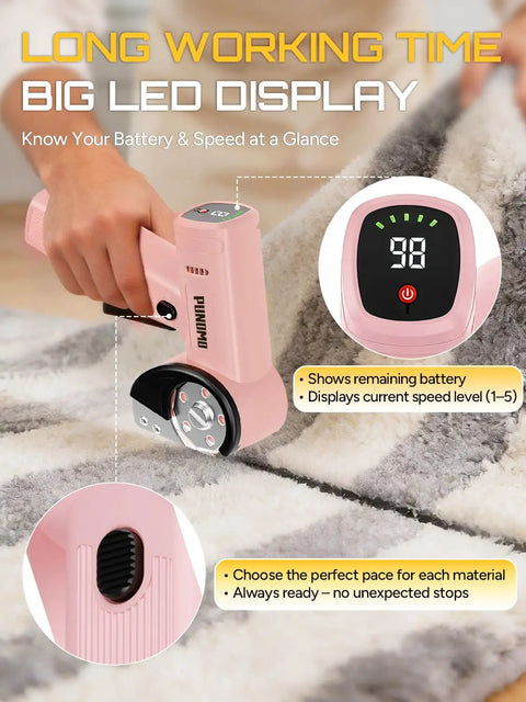 Punomo Cordless Electric Box Cutter With Rechargeable All Copper Motor For Quick Smooth Cutting Of Cardboard Leather Plastic Canvas Carpet And Wallpaper Up To Quarter Inch Thick Versatile Heavy Duty Tool with battery and speed display.