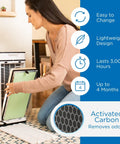 Woman replacing MA-40 replacement filter for allergens, smoke, dust, odors, pollen, and pet dander in room purifier.