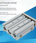 Double Acting Pneumatic Cylinder With Three Rods, 12mm Bore, 40mm Stroke, aluminum body on blue background
