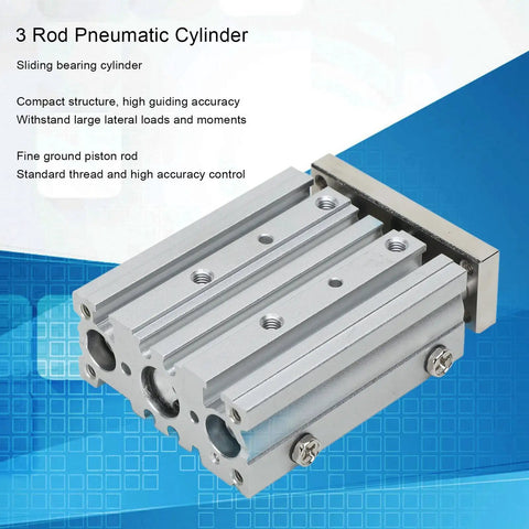 Double Acting Pneumatic Cylinder With Three Rods, 12mm Bore, 40mm Stroke, aluminum body on blue background