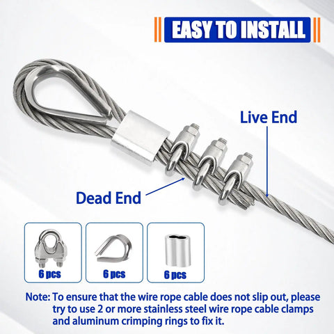 Stainless Steel Cable 5/16 Inch 25 Foot With Loops 7x19 Strand Beefy Heavy Duty Wire Rope Kit clamps and thimbles visible