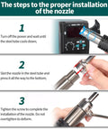 Steps to install nozzle on 959D I Digital Hot Air Rework Station For SMD Reflow Soldering with instruction steps 1-3 shown